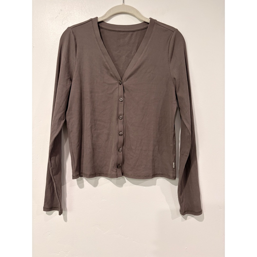Vuori Ribbed V-Neck Cardigan Mushroom Brown Long Sleeve Button Front Top Womens